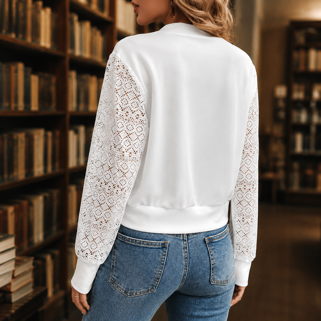 Lindisfarne women's lace sleeve bomber jacket in White – back view