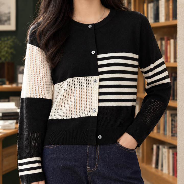 Women's Striped Colour Block Crew Neck Cardigan – Senara – Black – alternate front view