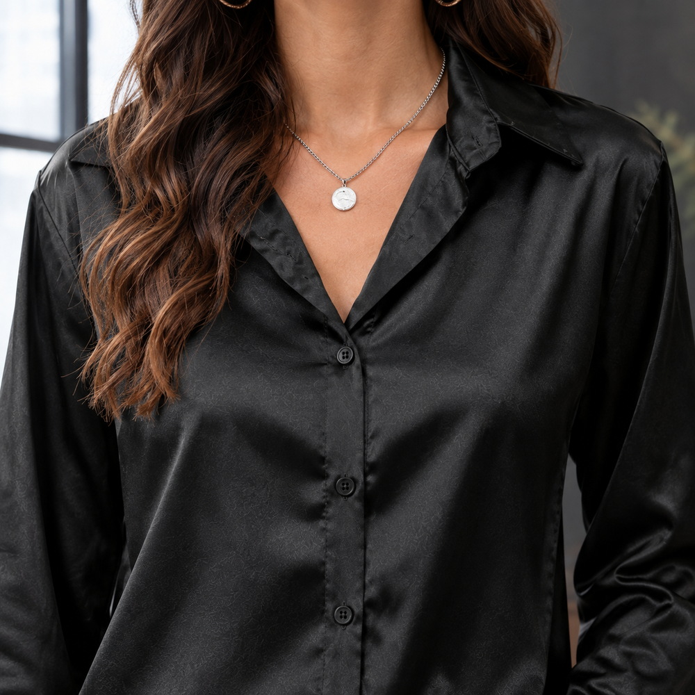 Women's Long Sleeve Satin Button-Up Shirt Sidonie – Black – close-up