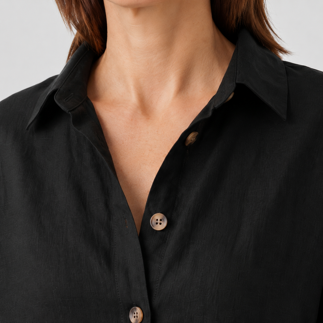 Women's Relaxed Linen-Look Button-Up Shirt Brigitta – Black – detail