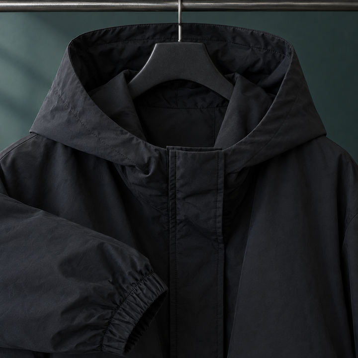 Truro women's oversized hooded jacket in Black – hood and concealed zip close-up