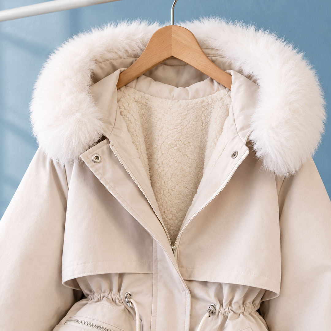 Tewkesbury women's parka in Cream – close-up front view of plush-trimmed hood and lining