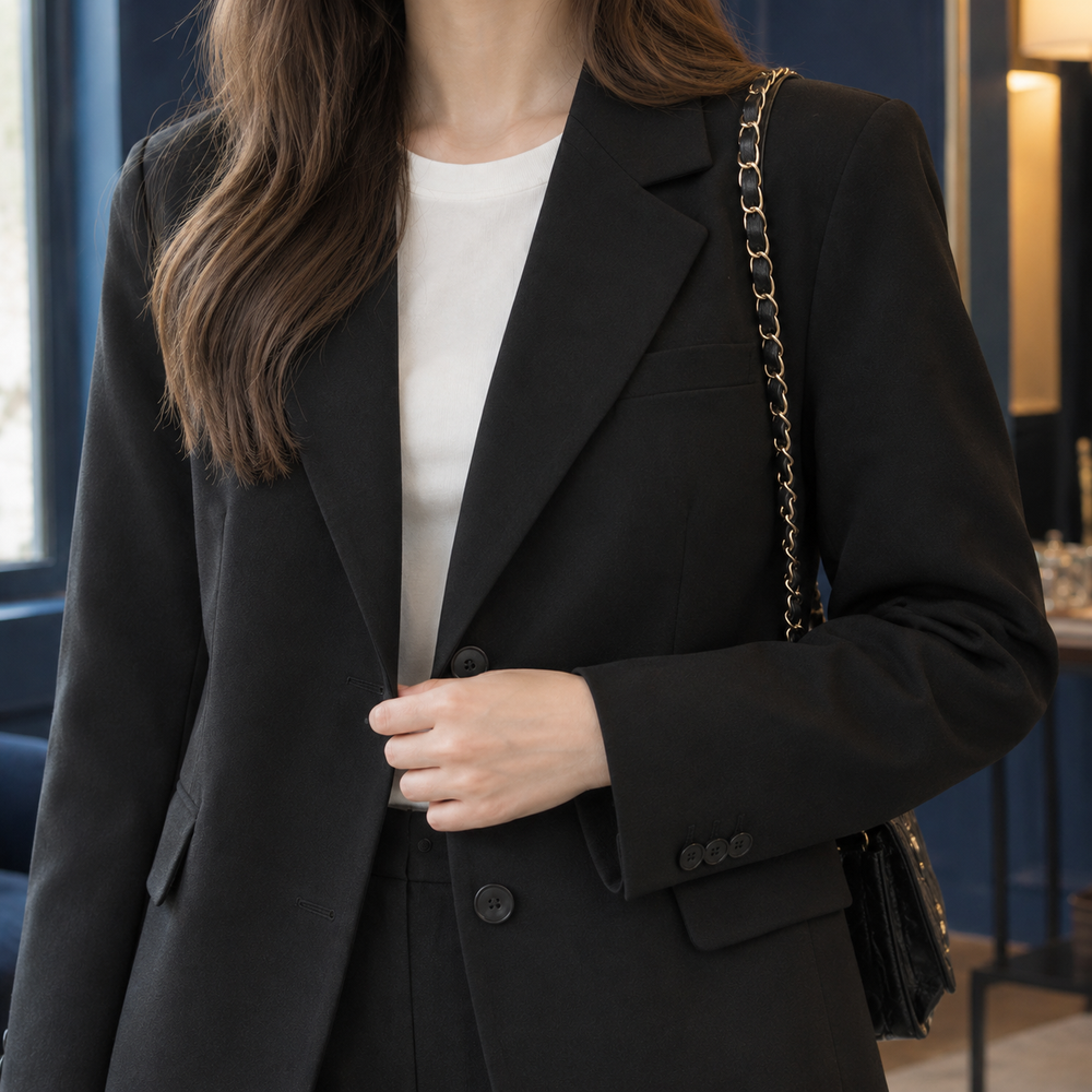 Women's Relaxed Two-Button Blazer with Flap Pockets – Lostwithiel – Black – close-up of buttons and cuff