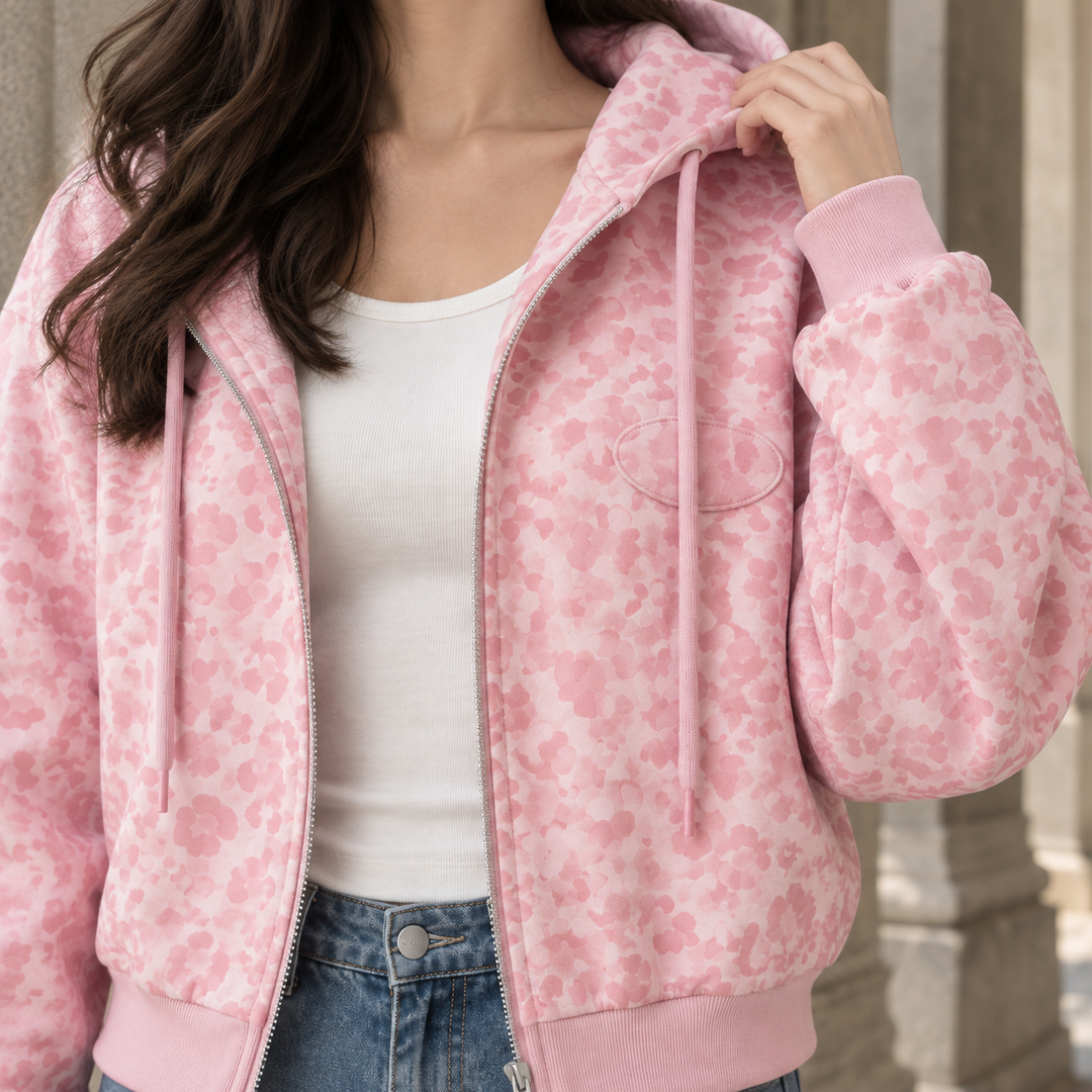 Shaftesbury women's cropped zip jacket in Pink – close-up front view of print and hood