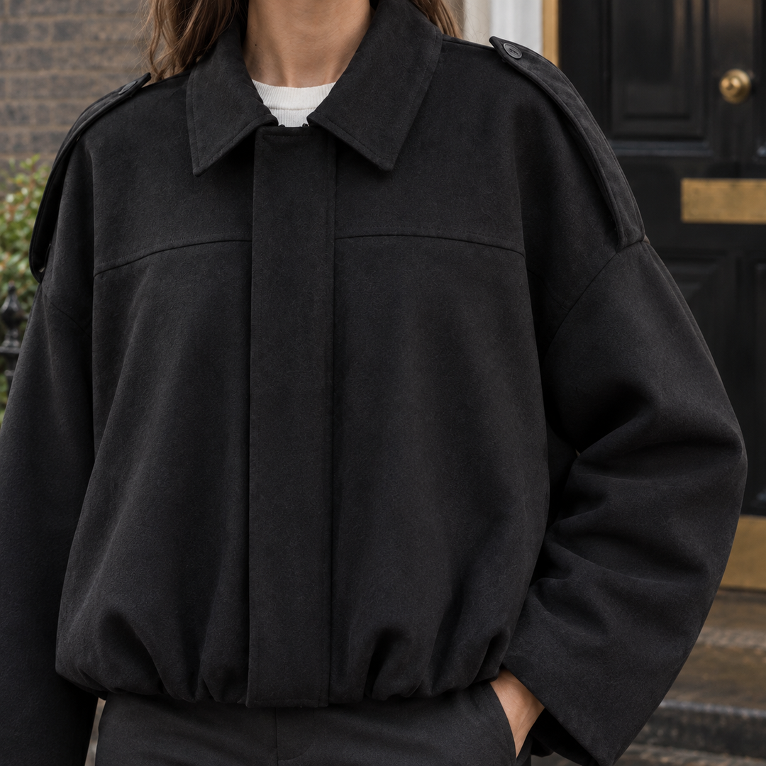Lynton women's suede-effect bomber jacket in Black – detail view