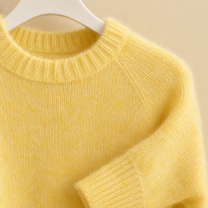 Debbie - Women's brushed knit jumper in Lemon Yellow – neckline detail