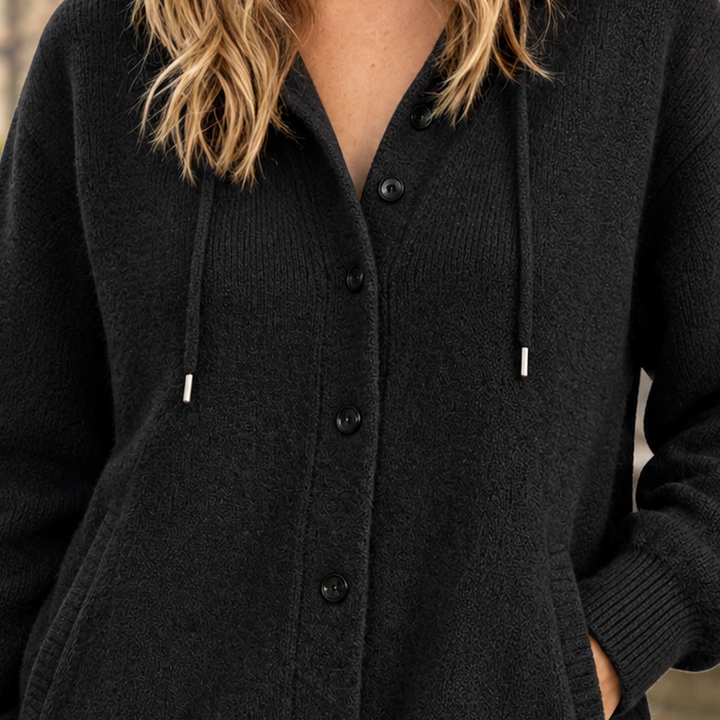 Damaris - Women's hooded cardigan in Black – close-up detail