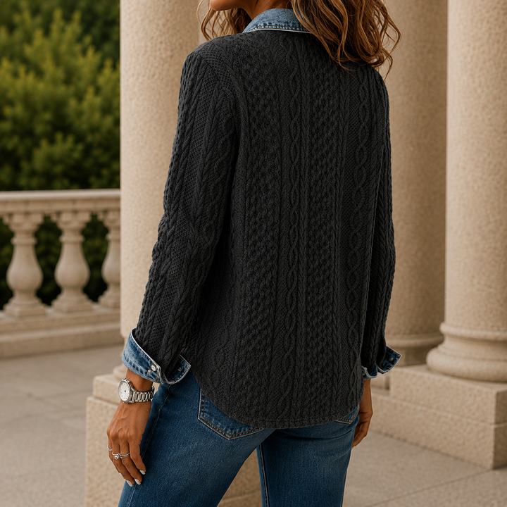 Women's Cable Knit Shacket with Denim Collar & Cuffs Oriana – Black – back