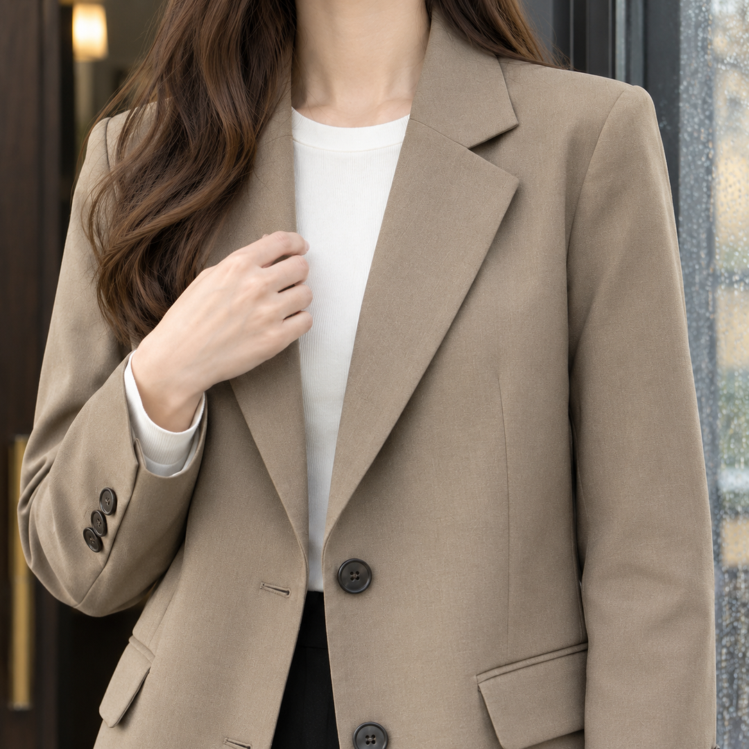 Stamford women's relaxed blazer in Stone – lapel and cuff close-up