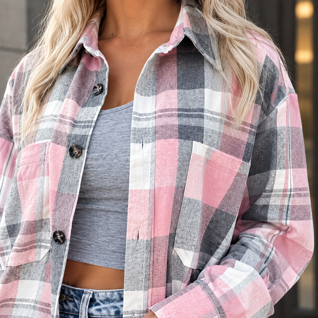 Women's Longline Check Shacket with Chest Pockets Peony – Pink & Grey Check – close-up