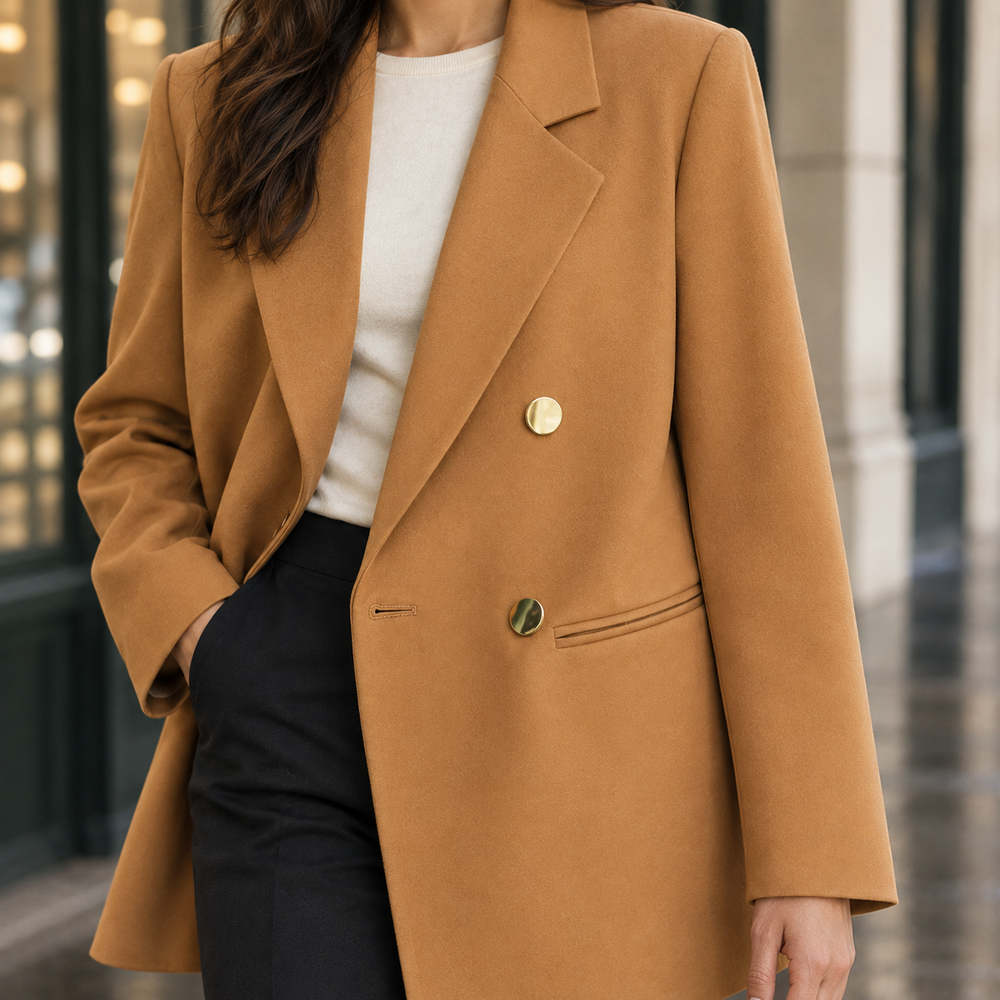 Charmouth women's longline blazer in Camel – lapel and button close-up