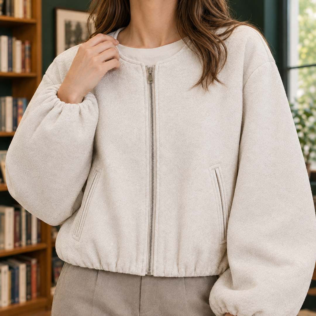Beccles women's cropped bomber jacket in Ivory – close-up front view