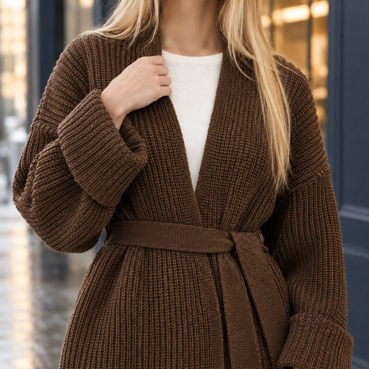 Women's chunky belted cardigan Niamh in Brown – close-up of belt and knit
