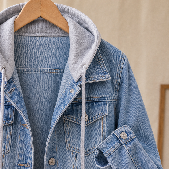 Harpenden women's hooded denim jacket in Light Blue – close-up hood view