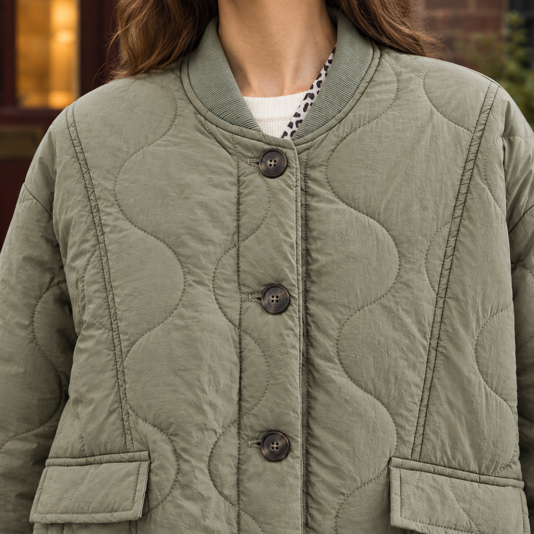 Dulwich women's quilted jacket in Sage Green – collar and button close-up