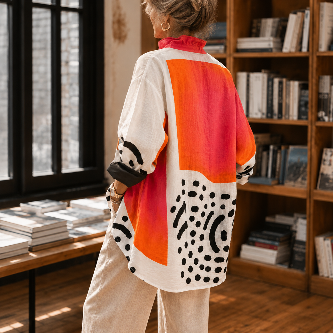 Women's Colour Block Ruffle Collar Oversized Shirt Wrenna – Orange Pink Multi – back