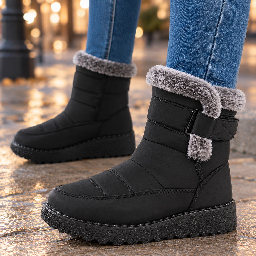 Women's Faux Fur-Trim Winter Ankle Boots Lucania – Black – side detail