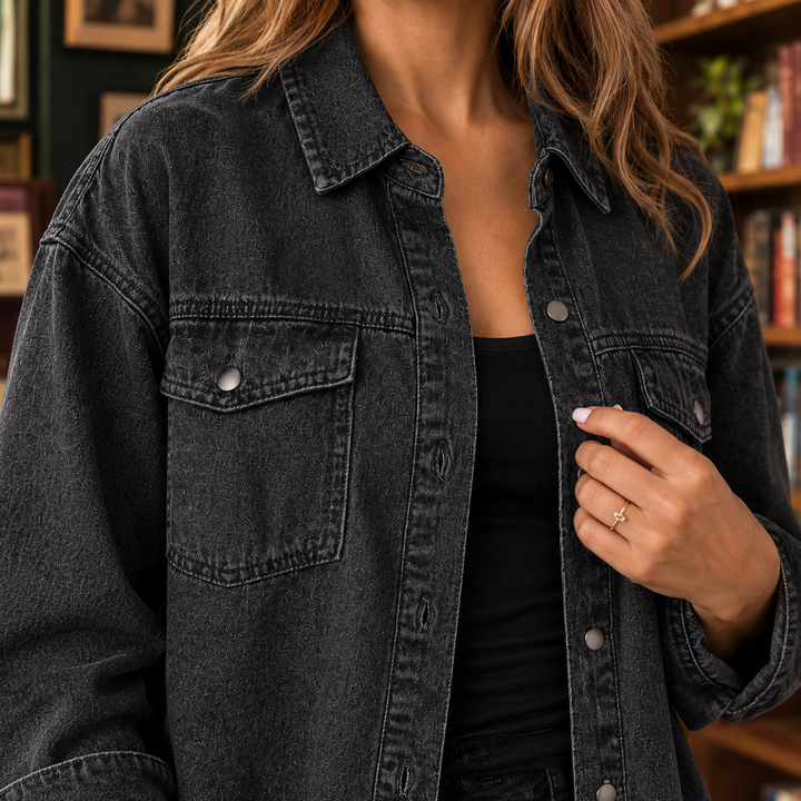 Women's Longline Denim Shacket with Frayed Hem Sloane – Washed Black – close-up