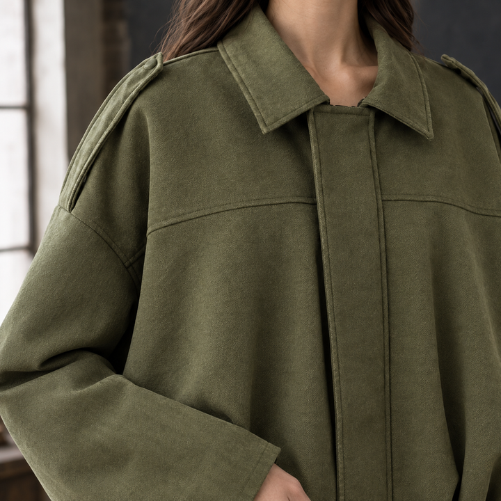 Maldon women's oversized bomber jacket in Olive Green – detail view