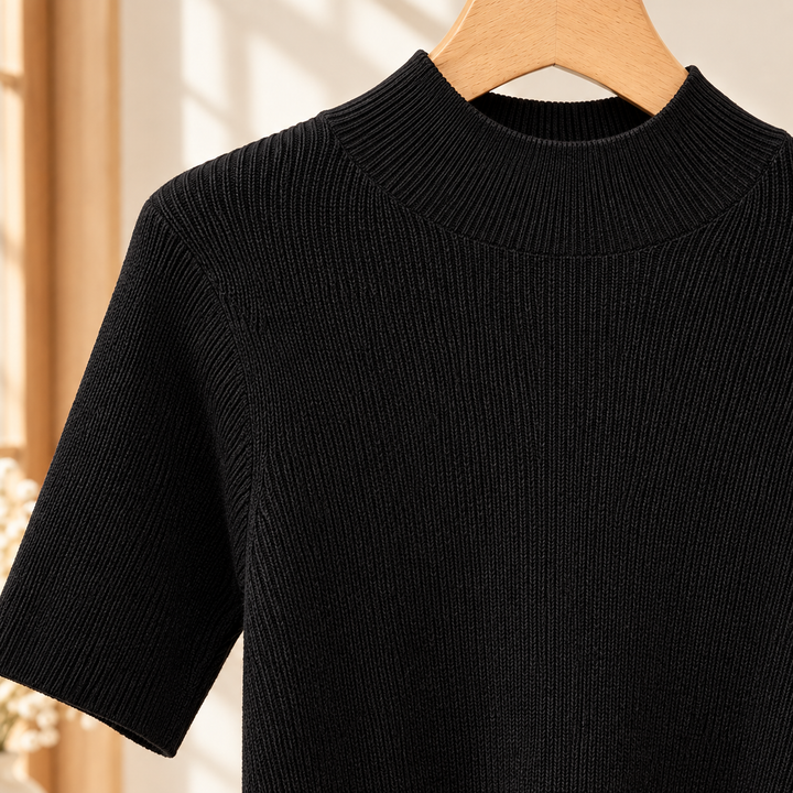 Ceinwen - Women's ribbed mock neck knit top in Black – close-up of mock neck