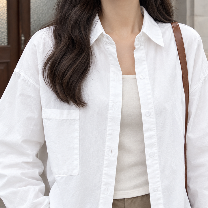 Women's Oversized Button-Up Shirt with Chest Pocket Lucasta – White – close-up