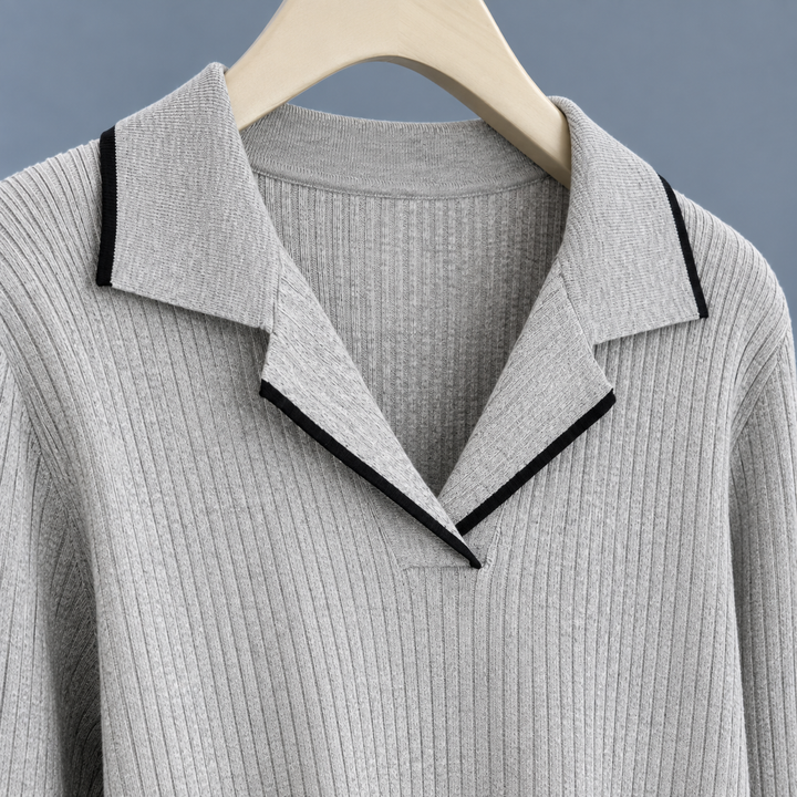 Women's polo collar jumper Morven in Grey – close-up of collar