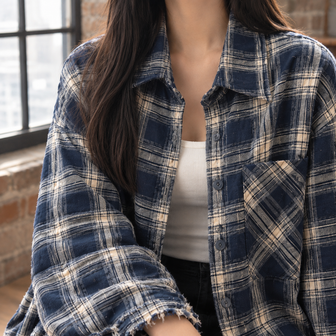 Women's Oversized Check Shacket with Frayed Hem – Clio – Navy Check – close-up of collar and chest pocket