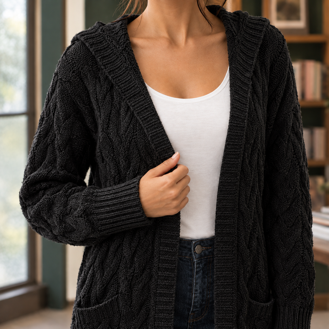 Women's Longline Hooded Cable Knit Cardigan – Merryn – Black – close-up of hood and cable knit