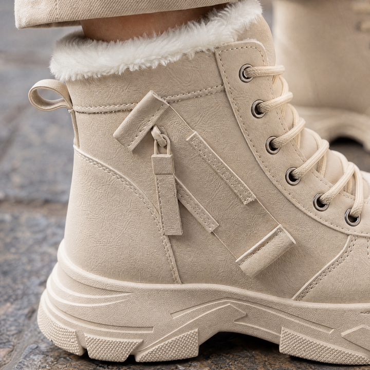 Borrowdale women's fleece-lined lace-up ankle boots in Beige – detail view
