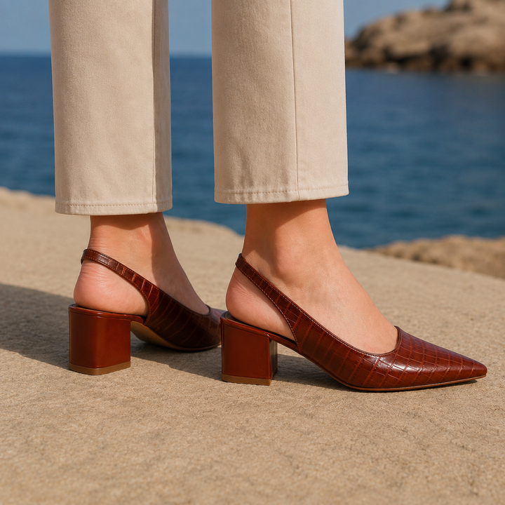 Women's Orthopaedic Croc-Embossed Slingback Block Heel Pumps Bellora – Brown – side