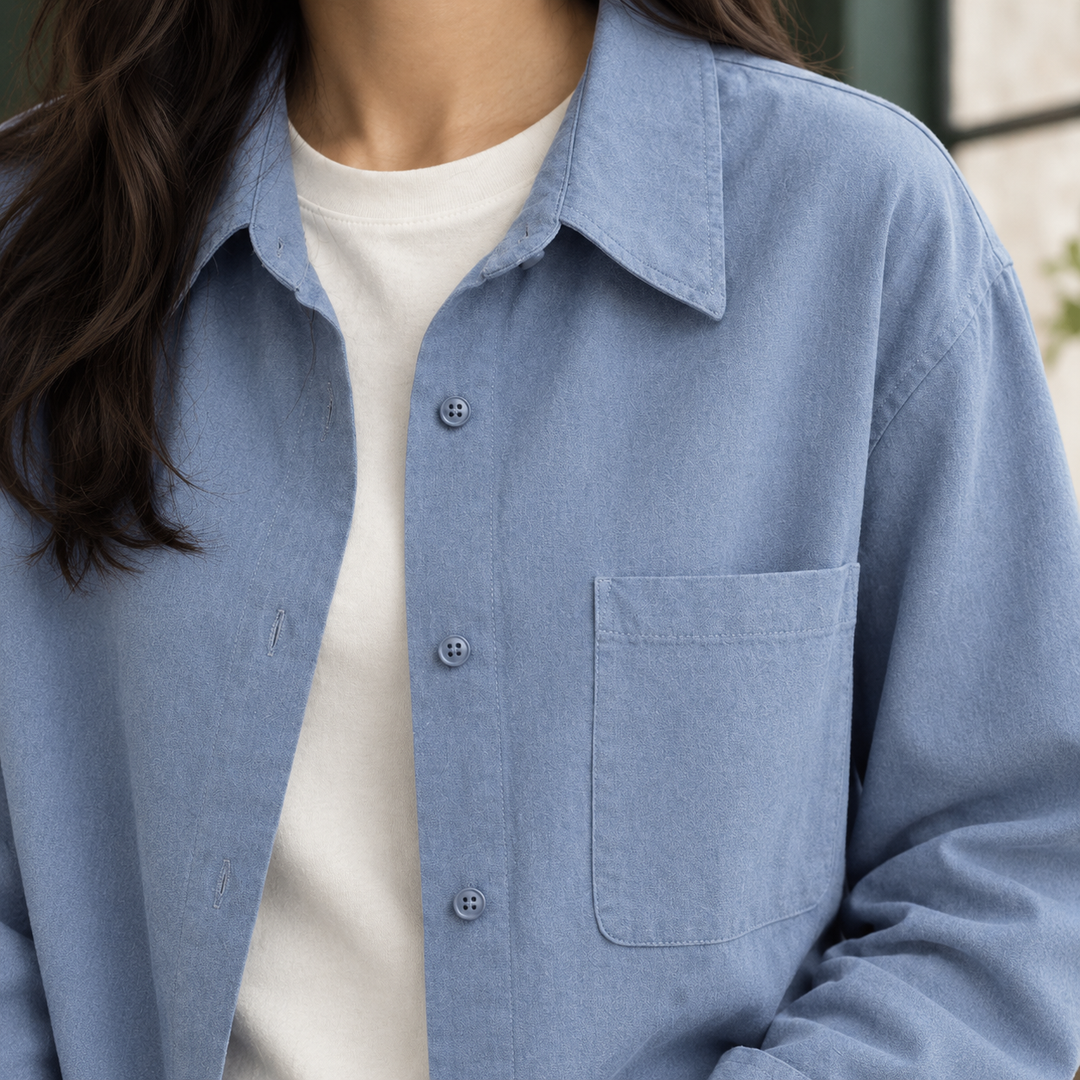Women's Relaxed Overshirt Shacket with Chest Pocket Delaney – Blue – close-up