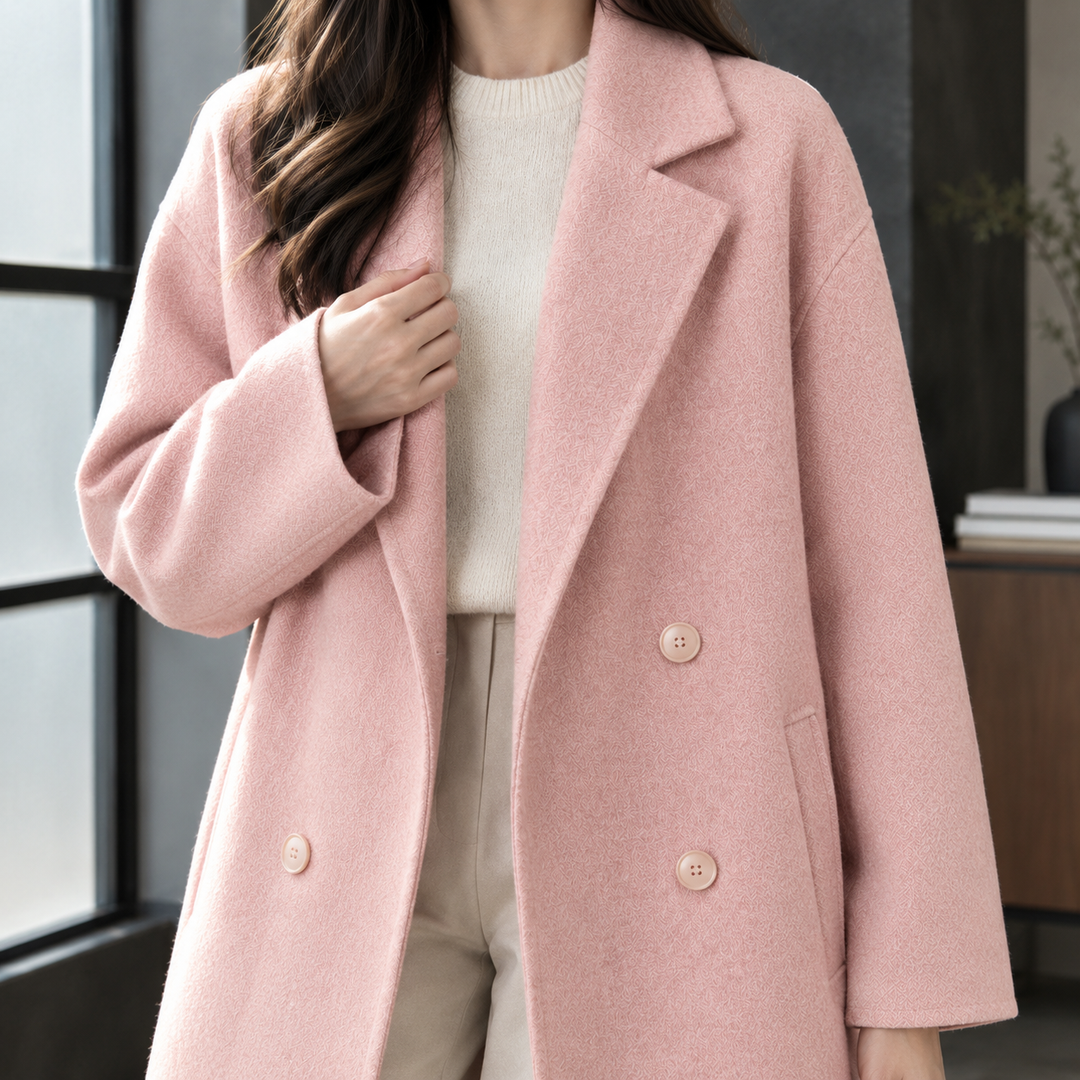 Women's Double-Breasted Wool-Blend Longline Coat Grasmere – Pink – close-up front