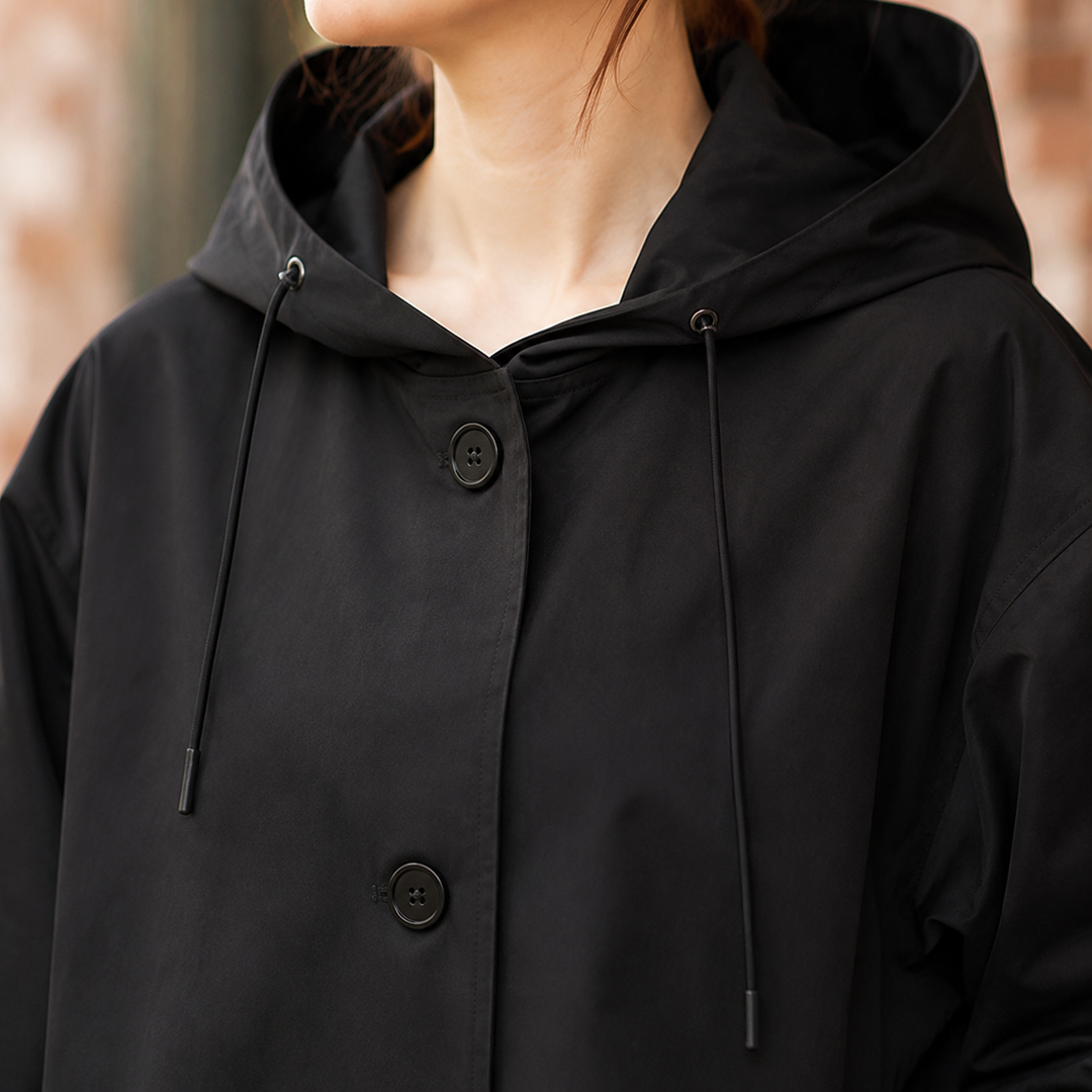 Lewes women's hooded overcoat in Black – drawstring hood detail