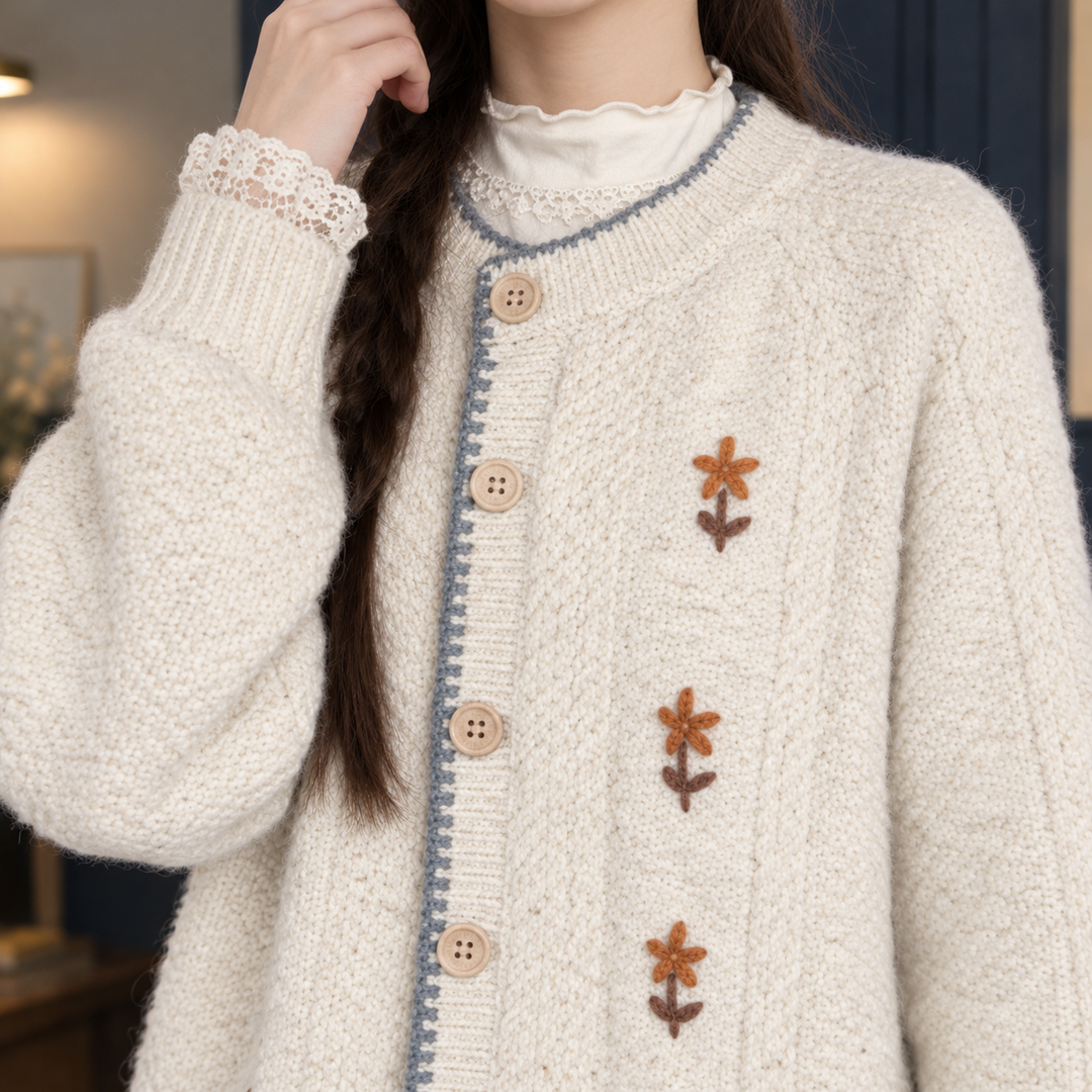 Women's floral embroidered cardigan Aurelie in Oatmeal – close-up of embroidery and buttons