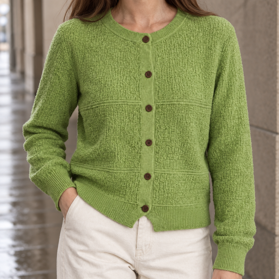 Women's Textured Knit Crew Neck Cardigan with Contrast Buttons – Jenifry – Green – detail view