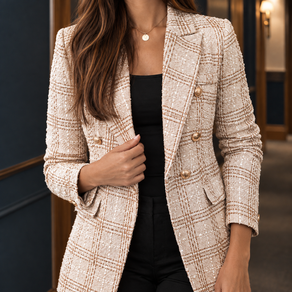 Westerham women's check blazer in Camel – double-breasted gold-tone button close-up