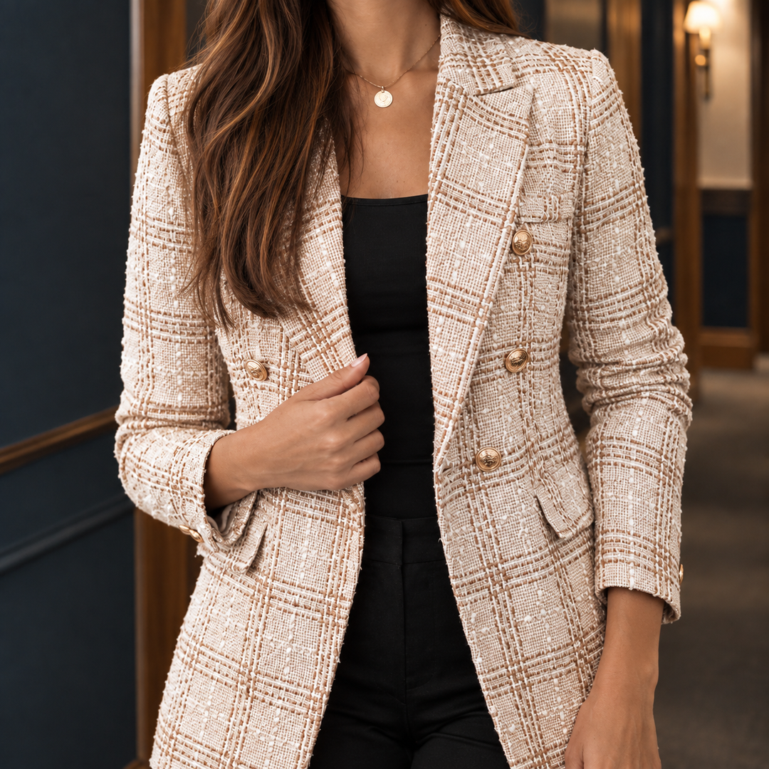 Westerham women's check blazer in Camel – double-breasted gold-tone button close-up
