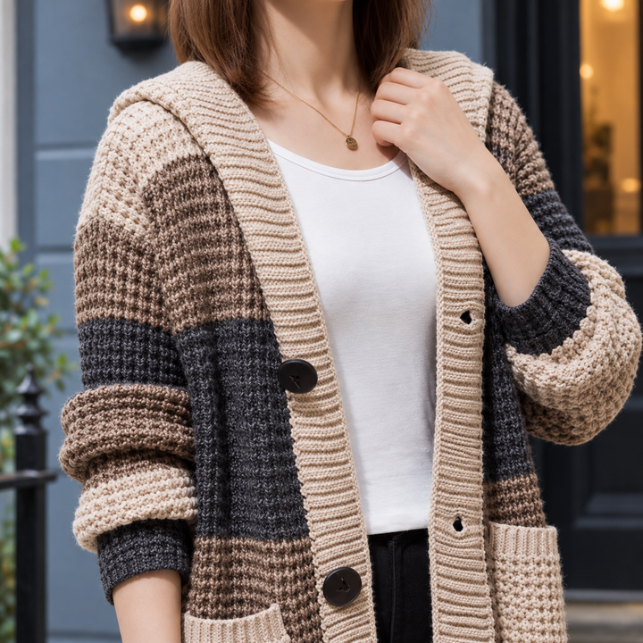 Calla - Women's hooded cardigan in Beige – close-up