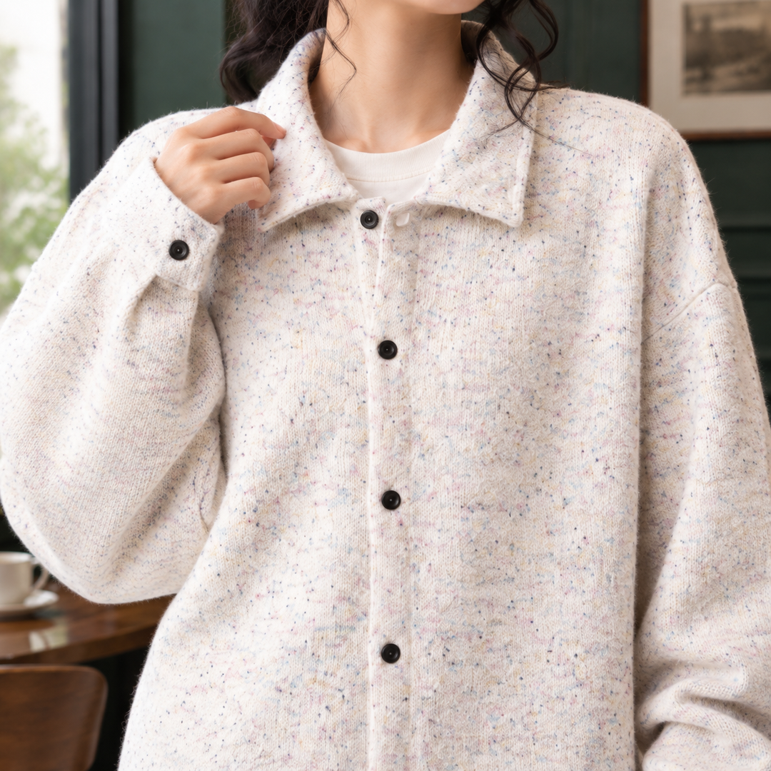 Women's Oversized Speckled Knit Shacket Ondine – Cream Fleck – close-up