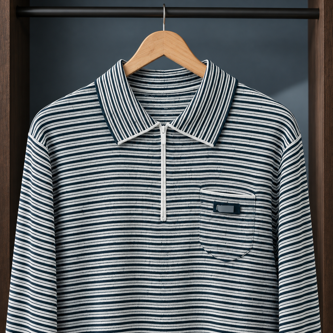 Women's Striped Half-Zip Polo Collar Jumper – Cerise – Navy Stripe – detail view