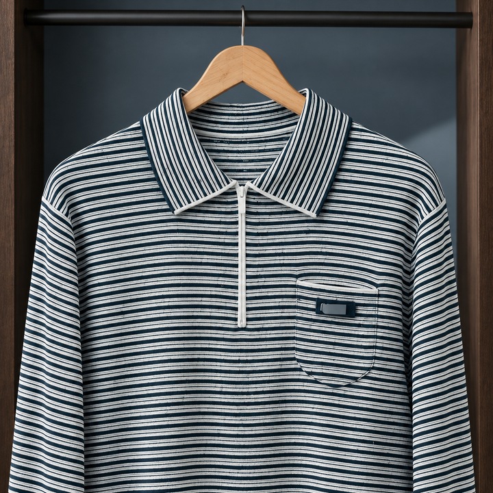 Women's Striped Half-Zip Polo Collar Jumper – Cerise – Navy Stripe – detail view