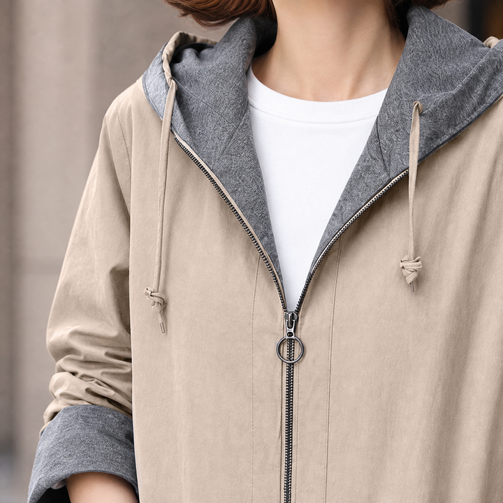 Bosham women's hooded zip-up coat in Stone – close-up of hood and zip