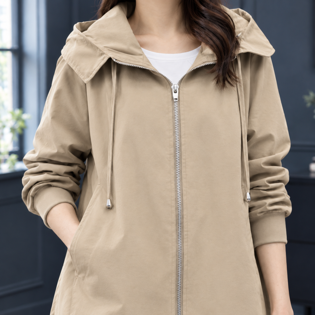 Brecon women's hooded zip-up jacket in Stone – close-up of hood and zip