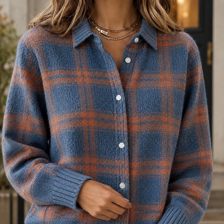Women's Knitted Check Shacket with Ribbed Cuffs Solange – Blue & Rust Check – close-up