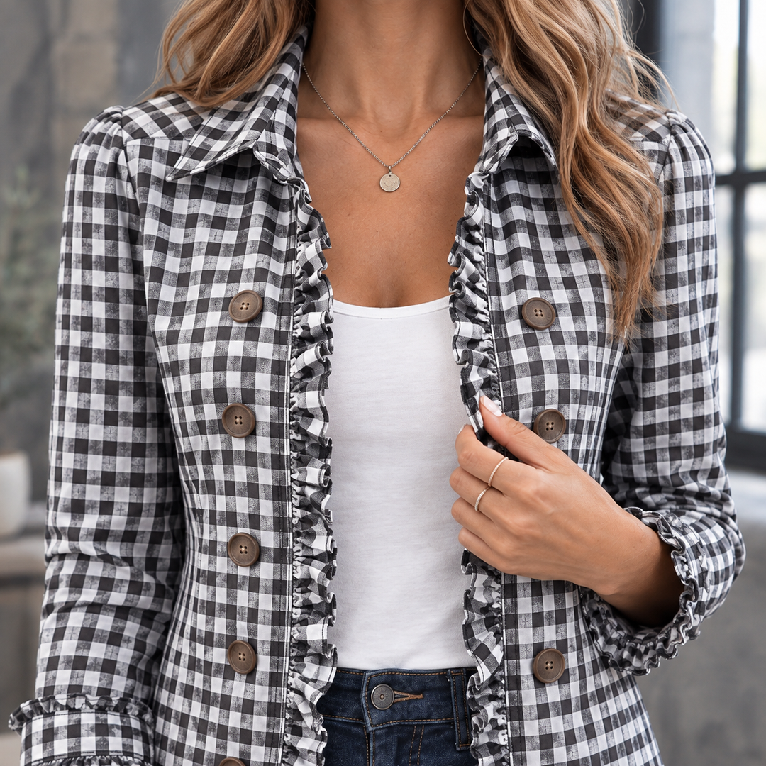 Women's Ruffle-Trim Fitted Jacket with Double Buttons Maude – Black Gingham – close-up