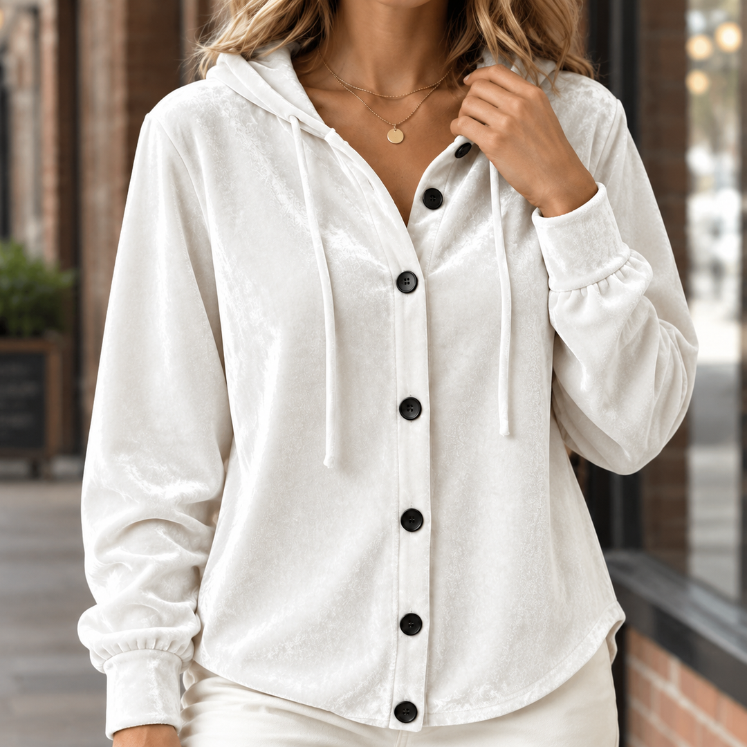Women's Hooded Velvet Shacket with Drawstring Kerenza – White – front alternate