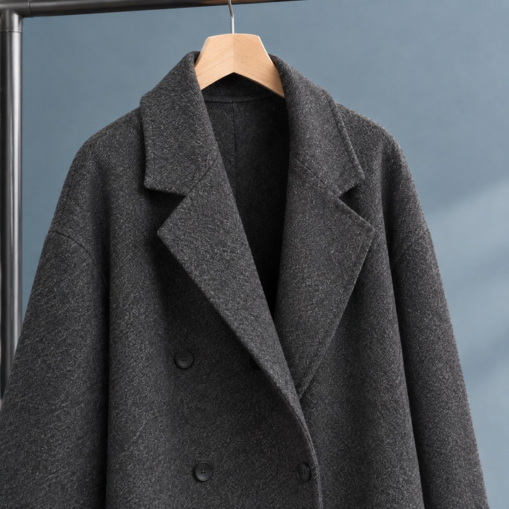 Ripon women's longline coat in Charcoal – close-up front view of lapels