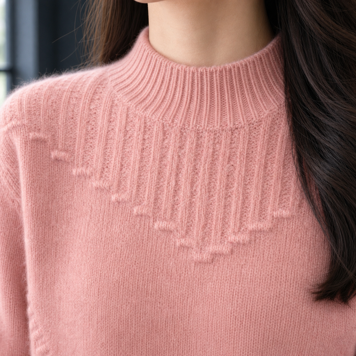 Women's Textured Yoke Mock Neck Jumper – Thora – Pink – textured yoke close-up