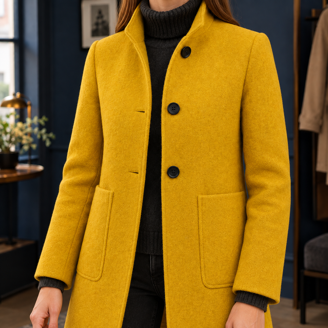 Hatfield women's coat in Mustard – close-up front view of collar and pockets