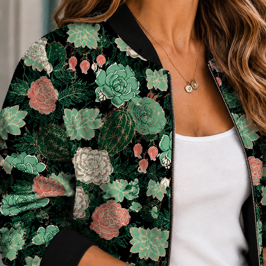 Lavenham women's printed bomber jacket in Green – print and collar detail